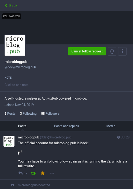Screenshot of microblog pub account viewed from mstdn.social, with the follow button showing the message "cancel follow request".